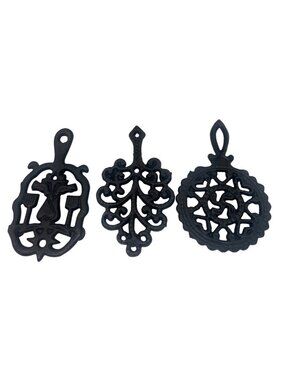 Set Of 3 Small Vintage Cast Iron Trivets with Decorative Design Made in Taiwan